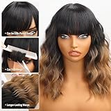 Nnzes Short Wavy Wig with Bangs for Women Shoulder Length Bob Curly Women's Charming Synthetic Wigs with Natural Wavy Black To Brown Heat Resistant Hair for Daily Party Use