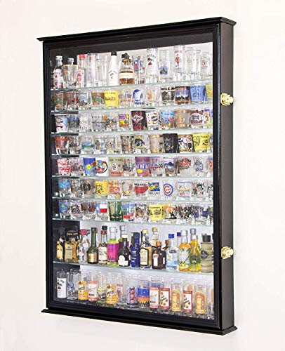 XL Shot Glass Display Case Rack Holder Cabinet w/Mirror Backed and 11 Glass Shelves -Cherry