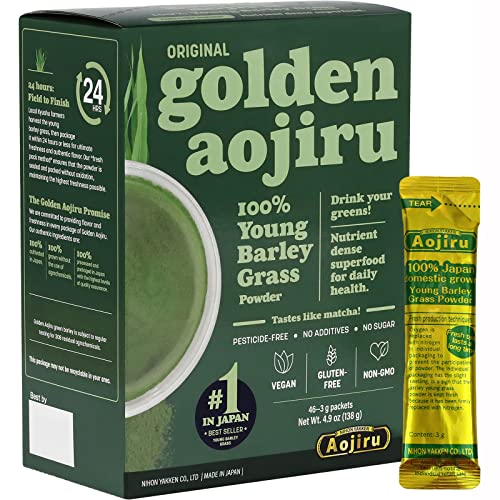 nihon-yakken The Golden Aojiru - Young Barley Green Grass Juice Powder with Rich Dietary Fiber, No Addtives 100% Japanese Grown - Ready-to-Use 0.1 oz. (3g) Individual Packet × 46pcs