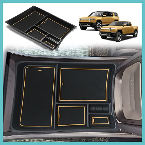 BestEvMod for Rivian R1T & R1S Lower Center Console Organizer Tray Interior Accessories Storage Box ABS Material with PVC Trim Compatible with Rivian R1T/R1S 2022-2024 Accessories (Yellow)