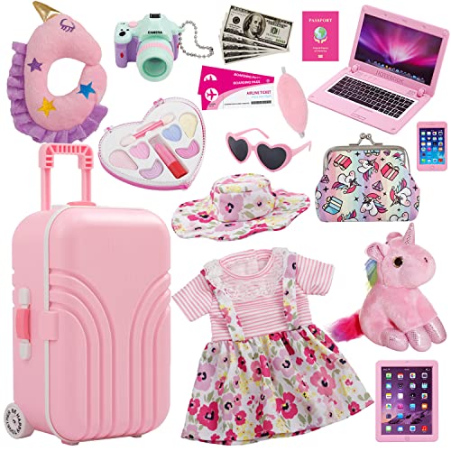 Windolls 18 Inch Doll Suitcase Travel Luggage Play Accessories, Doll Clothes Accessories Carrier Storage Set, Case, Hat, Sunglasses, Camera, Pillow, Toy Pet