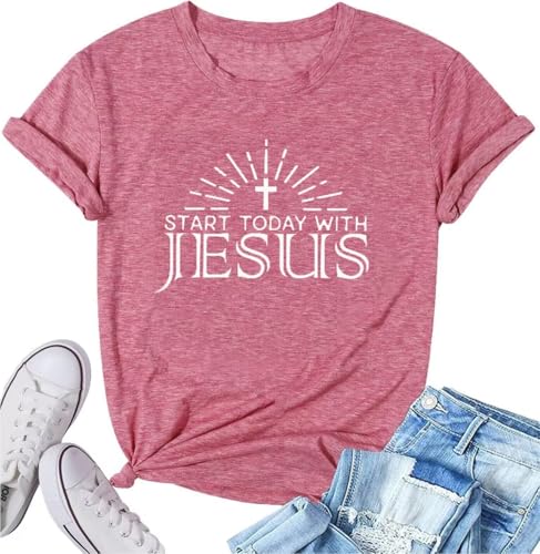 Wiadex Blessed Tshirts for Women Funny Christian Graphic Tees Jesus is with You Jesus Love You Shirts Bible Verse Quotes with Jesus Cross Religious Tees Christian Gift Shirts Faith Tee Tops(Red-XXL)