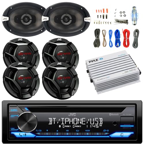 CD/MP3/WMA Receiver Bundle Combo with 2x 6x9" 3-Way 500W Max Power Stereo Speakers, 4x 6.5" 2-Way Coaxial Car Audio Speaker, Pyle 400W 4-Chan Bluetooth Amplifier w/ Installation Kit