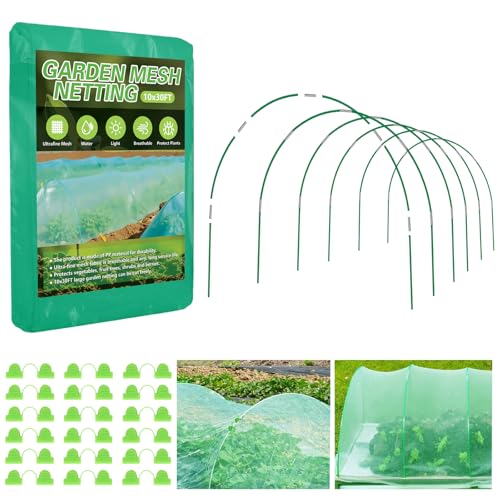 Garden Mesh Netting Kit, 10x30FT Green Ultra Fine Mesh Netting ＆6 Sets of 8FT Fiberglass Garden Hoops for Raised Beds, Insect Netting Row Cover Net Protect Plants Vegetable Fruits Flowers