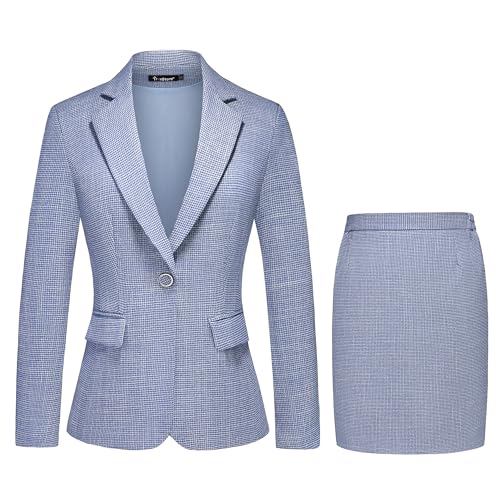 TRONSTORE Women's Business Skirt Suit 2 Piece Set Plaid Houndstooth Blazer Pencil Skirt for Women Blue XS
