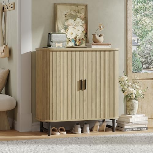 Maupvit Shoe Storage Cabinet with Smooth Fluted Sliding Doors, 5-Tier Shoe Cabinet Storage for Entryway, Narrow Hidden Shoe Rack for Front Door Entrance, Metal Handles and Legs, Natural