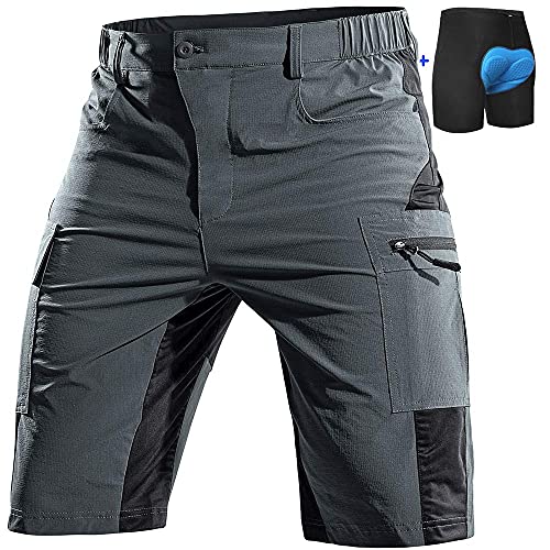 Cycorld Mountain-Bike-Shorts-Mens-Padded Biking Baggy Cycling Short Padding Liner with Zip Pockets (Grey, Large)
