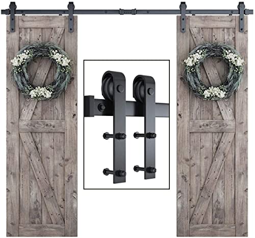 SMARTSTANDARD 8 FT Double Barn Door Hardware Kit, Sliding Door Track-Smoothly and Quietly -includes Detailed Installation Fit 24" Wide Doorpanel (J Shape Hanger) Black