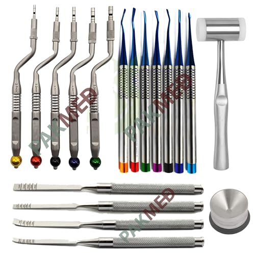 19 Pcs Dental PDL Root Extracting Elevators with Periotome Curved Osteotomes Chisels Mead Mallet Amalgam Well Concave Ostetomes by (PAKMED)