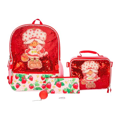 AI ACCESSORY INNOVATIONS Strawberry Shortcake 5 Piece Backpack Set, Flip Sequin Girls School Bag with Front Zip Pocket, 2 Side Mesh Pockets, Pink & Red
