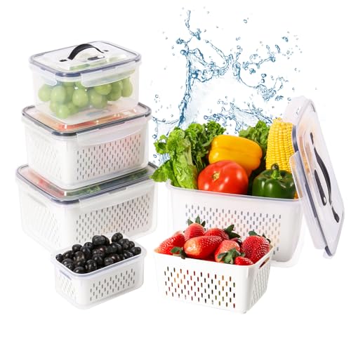 LUXEAR Larger 5PCS Fruit Storage Containers For Fridge, Produce Vegetable Saver Container with Lid Colander Vent Handle, BPA-Free Refrigerator Microwave Dishwasher Safe, Keep Fruits Veggie Food Fresh
