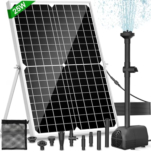 FEOXSHAL Solar Water Fountain Pump, 25W Solar Pond Pump 450GPH Solar Powered Water Pump with 16.5Ft Extendable Power Cord, 4 Style Sprayers and Pump Barrier Bag for Pond Fountains, Water Features