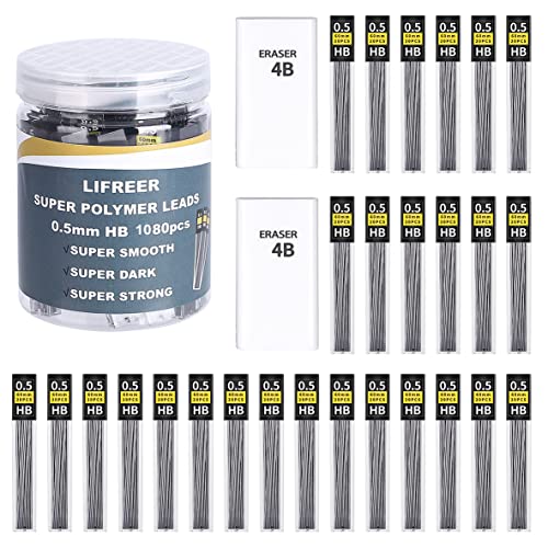 Lifreer 0.5 Lead Refills (1080 Pcs), Unbreakable 0.5 mm Lead Refills and 2 Premium Erasers, Long Lasting HB Pencil Lead 0.5 Refill,Mechanical Pencil Lead 0.5mm for Students & Professionals