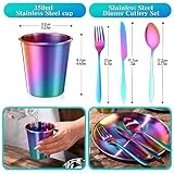 Honeydak 36 Pcs Stainless Steel Utensils Camping Tableware Kit Include Set of 6 Plate Bowl Cups Spoons Forks Knives Flatware Set for Backpacking Camping Hiking and Picnic(Rainbow Color)