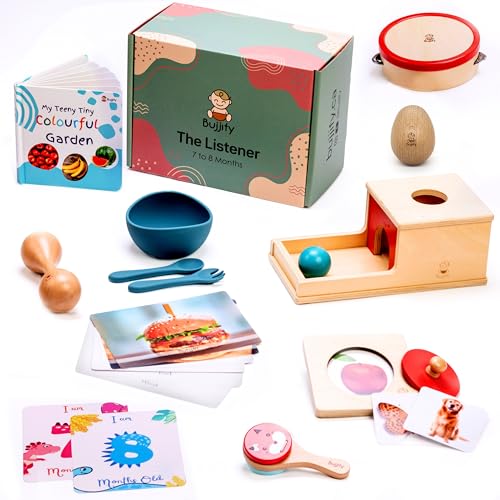 Bujjify Montessori Toy Set 7-8 Months Infant Toys - Object Permanence Box, Baby Led Weaning, Feeding Set, Wooden Sensory Musical Instruments, Puzzle, Board Book, Flash Cards, Gifts Basket