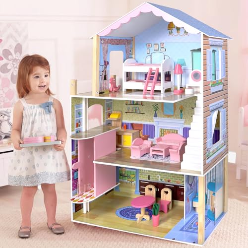 HappyField Dream Dollhouse Wooden Dollhouse for Kids with Doll House Accessories and Furniture Suitable for Ages 3 and up Including Toy Figures Furniture Accessories Easy to Assemble