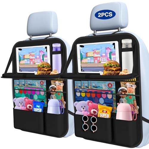 Oneyus Car Backseat Organizer with Table Tray((2-Pack)) 9 Storage Pockets Backseat Car Organizer and storage with Tablet Holder, Kick Mats Back Seat Cover for Kids family Road Trip Essentials Travel