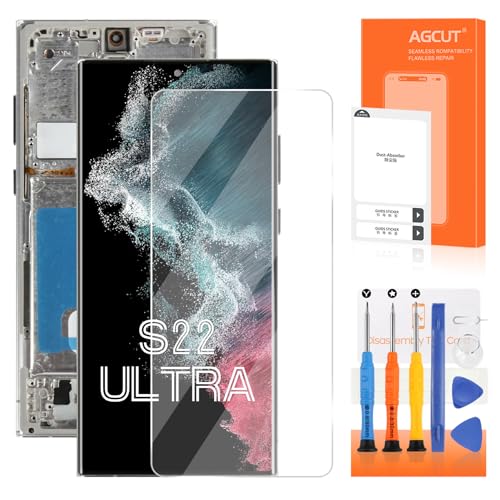 OLED for Samsung Galaxy S22 Ultra 5G Screen Replacement for Samsung S22 Ultra LCD Display S908 SM-S908U LCD Digitizer Touch Screen Assembly Silver with Frame(US Version,Support Fingerprint)