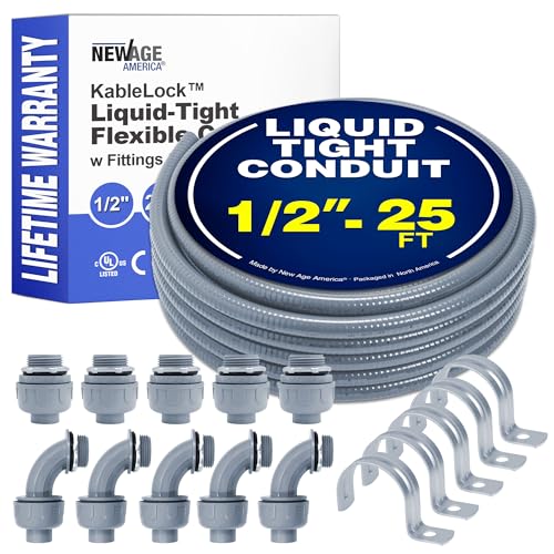 New Age America® 1/2" - 25FT KableLock™ Liquid-Tight Flexible Conduit | Electrical Conduit | Non Metallic | 5pc Straight + 5pc Angle Fittings + 5pc Pipe Support Straps | Waterproof PVC | UL