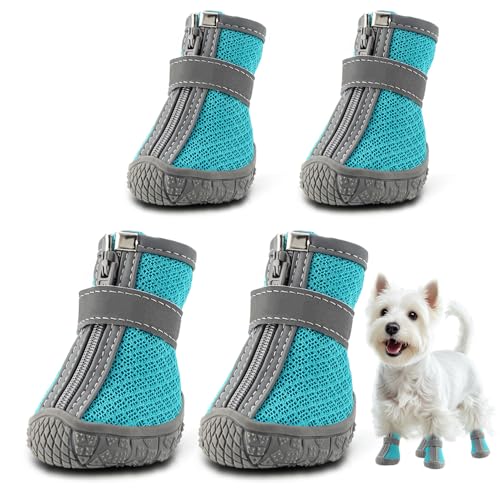 Dog Shoes for Small Dogs, Breathable Dog Boots Paw Protector for Hot Pavement Winter Snow, Dog Booties with Reflective Strips Rugged Anti-Slip Sole for Hardwood Floors Outdoor Walking Blue Size 1