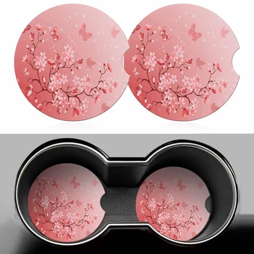Pink Cherry Blossom Car Coasters for Cup Holders Car Cup Holder Coasters 2 Pack for Car, Anti Slip Ceramic Car Cup Mat with Finger Notch Cute Car Interior Accessories for Women Men
