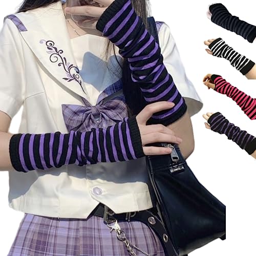 VTTDB Arm covers cute women kawaii japanese harajuku Goth Half Finger Knitted Arm Warmer Y2K Gloves Arm Sleeve for girl (purple)