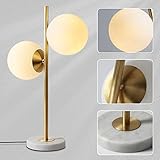 KCO Lighting Mid-Century Modern Table Lamp 2-Light Frosted Glass Globe Desk Lamp with Brushed Brass Finished Nightstand Bedside Lamp