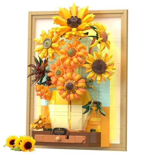 NUTCRACKER Sunflower Flower Building Set with Sensor Light, 3D Sunflower Van Gogh Painting Frame Wall Art Crafts for Home Office Decor, Flower Building Toy, Christmas Gift for Adult Girl (1166 Pieces)