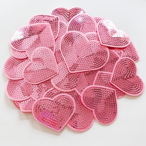 Zlettery 28Pcs Sequin Heart Iron on Patches 2 Sizes Embroidery Heart Patches for Clothing Bags Jackets Jeans Hats Accessory Craft Christmas Decoration Pink