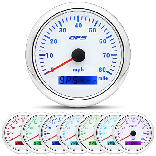 ARTILAURA GPS Speedometer Boat 85mm 3-3/8" 7 Color 80MPH Gauge Waterproof 9-32V for Marine AUTO Car Motorcycle Truck (White)