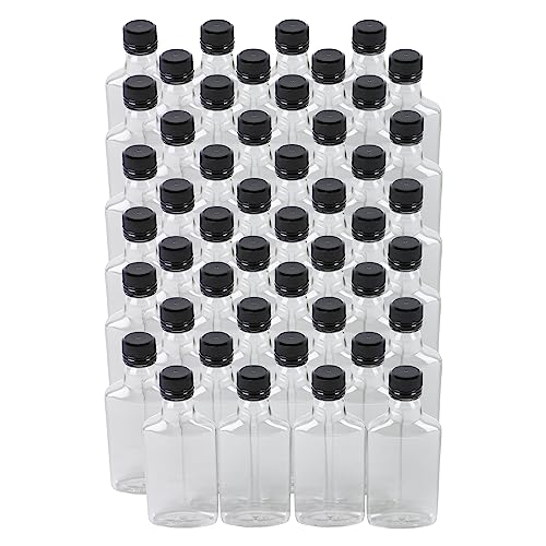 Pellah 200 ml 6.7 oz Flask Bottles with Caps (48 Pack) Leak-Proof Tamper-Evident Lids, Compact Small Plastic Bottle for Liquid Beverage Sauce Liquor (200 ml, Black Caps) Bulk