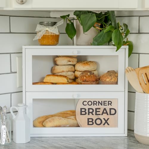 BakedBin Corner Bread Box for Kitchen Countertop Airtight Design - Extra Large, Double Layer White Breadbox, Vintage Storage for Homemade Bread, Under Cabinet Organizer