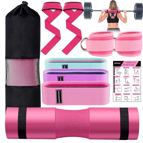 SINYWAY Barbell Pad Set, 9 Pcs Barbell Squat Pad for Hip Thrusts, Lunges, Leg Day with 2 Gym Ankle Straps, 3 Hip Resistance Bands, 2 Lifting Strap, Barbell Pad and Carry Bag