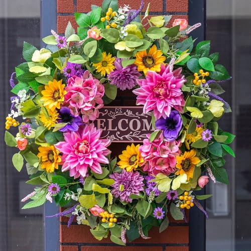 Spring and Summer Wreaths for Front Door 24 Inch Summer Wreath with Lifelike Sunflower,Pink and Purple Dahlia Spring Door Wreath with Welcome Sign,Outdoor Decor