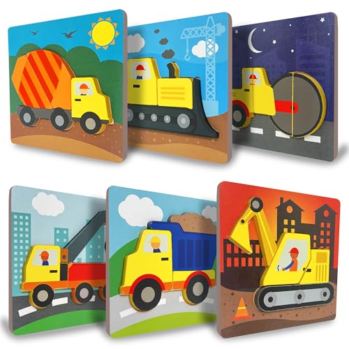 Klevly 6 PK Construction Wooden Toddler Puzzles Ages 2-4 | Wooden Puzzles for Toddlers 1-3 | Montessori Toys for 2 Year Old | Learning Toys for 2+ Year Olds | Educational Toys for 2 Year Old | STEM