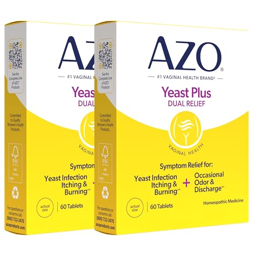 AZO Yeast Plus Dual Relief Homeopathic Medicine | Yeast Infection Symptom Relief: Itching & Burning | Vaginal Symptom Relief: Occasional Odor & Discharge | #1 Most Trusted Brand | 2 Pack (60ctx2)