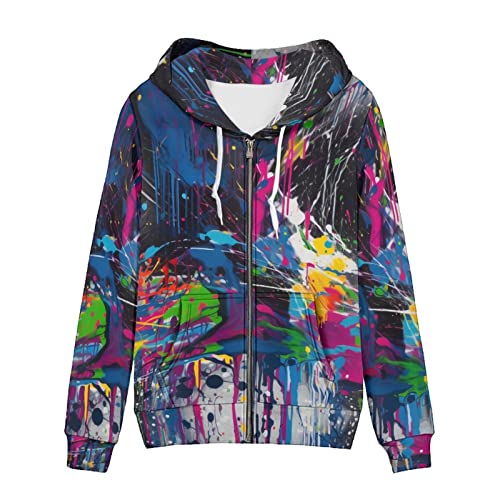 Irisjudy Women Oversized Hoodie with Kangaroo Pocket Color Splatter Hooded Jacket, Colorful Graffiti Sweatshirt Zip-up Long-Sleeve Overcoat Fall Outwear
