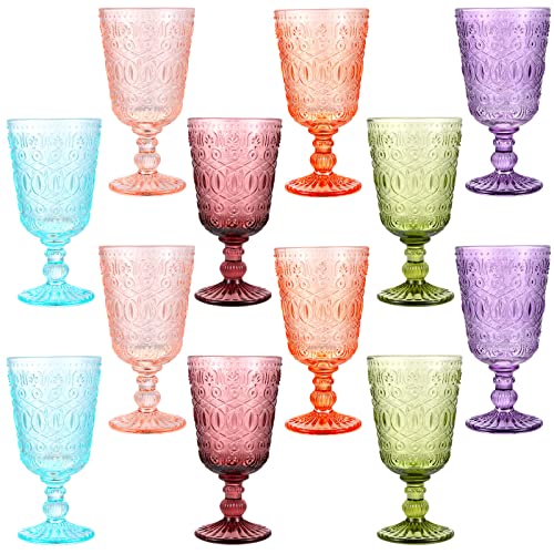 Wine Glasses Set of 12 Vintage Goblet 9 oz Vintage Colored Glass Goblet Beverage Stemmed Glass Cups Romantic Embossed Glassware for Wedding Party Holidays Anniversary (Multi Colors)