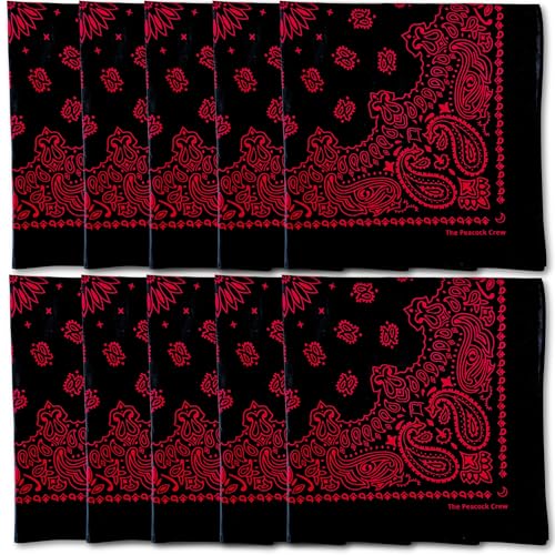 The Peacock Crew 10 Pack Black Red Bandanas in Premium Soft Cotton for Men and Women