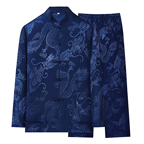 YEMYIQZ Kung Fu Uniform for Men Shirt Suit Chinese Traditional Tang Hanfu Martial Arts Wing Chun Tai Chi Training Cloth Jacket Pants (as1, alpha, l, regular, regular, Blue)