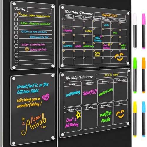 DIYMAG 4Pcs Acrylic Magnetic Dry Erase Calendar for Fridge, White Clear Calendar Planning Board Set Magnetic Weekly Monthly Planner Menu for Refrigerator with 6 Highlight Markers Transparent Color