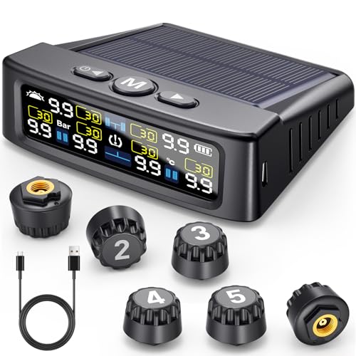 GEARGO RV Tire Pressure Monitoring System, Tire Pressure Monitor with Solar Charge, TPMS with 6 Sensors & 6 Alarm Modes, M12-3 TPMS 2024 Updated Color LCD Display, 0-144PSI for RV/Trailer/Truck/Sedan