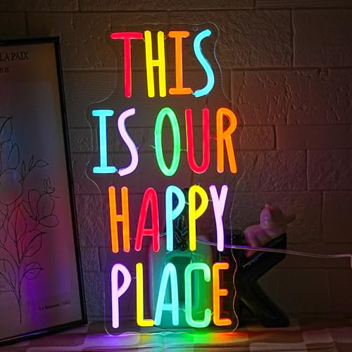 Gyaksjm This is Our Happy Place Neon Sign for Wall Decor Colorful Letter Neon Light Motivational Words LED Neon Light for Classroom Living Room Home Housewarming Decoration