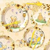 140pcs Classic Winnie Bear Baby Shower Decorations Pooh Birthday Party Supplies Baby Shower Party Tableware with Plates, Napkin, Forks, Cups for Birthday Decoration Dinnerware Set Serves 20 Guests