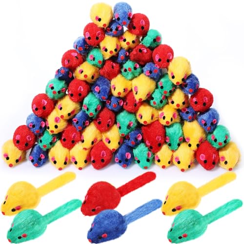 Sosation 100 Pcs Fur Cat Mouse Toys Assorted Interactive Bulk Cat Toys Rattle Sound Mice for Kitten Catch Play Indoor Interactive(Vivid)