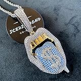 ICEDIAMOND Iced Out Crazy Dollar Blazing Tongue Creative Pendant Necklace, Full Shiny Colored CZ Diamond with White Gold Plated Hip Hop Charm Jewelry for Men (Blue)