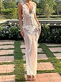 Sexy See Through Sheer Lace Maxi Dress Floral Lace Patchwork Backless Bodycon Long Dresses Beach Vacation Party Wear (Floral High Slit White, L)