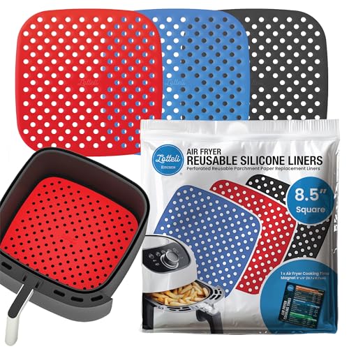 Reusable Air Fryer Liners 3 Pack for 5QT or Bigger - 8.5" Square Silicone Airfryer Liner - Easy to Clean Air Fryer Accessories - Durable Dishwasher Safe Non-Stick Parchment Paper Replacement