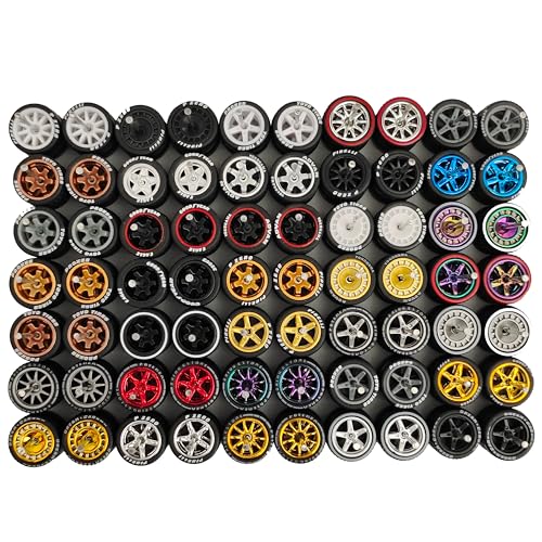 10-Pack 1:64 Rubber Wheels with Logo – Random Custom Rims and Tires Set for 1/64 Diecast Cars – Includes Axles – Realistic Upgrade for Miniature Scale Vehicles