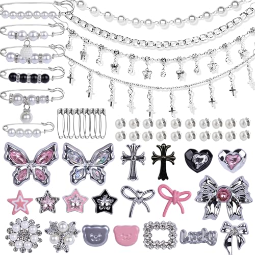 Horsdo 62pcs Silver Set Sock Charm Set, Safety Pin Brooch, Rhinestone, Pearl, Button Charms for Socks, Shoes, Clothing Accessories